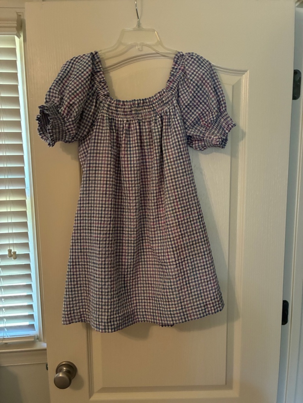 Purple Gingham Puff-Sleeve Mini Dress